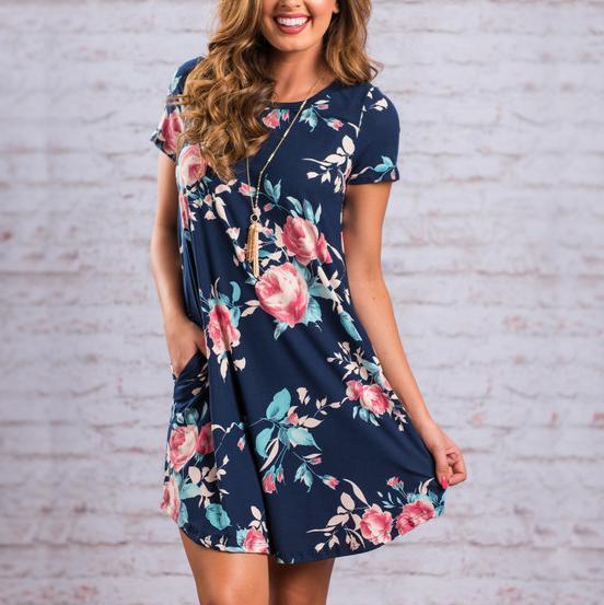 Casual Floral Short Sleeve Dress with Pockets