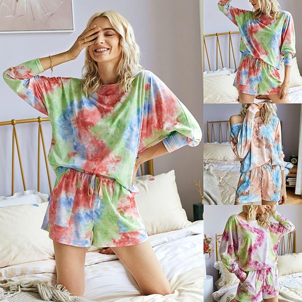 2020 Summer Tie-Dye Loose-Fit Three Quarter Casual Shirt Shorts Set