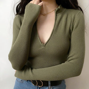 Ribbed Knit Zip Up Top