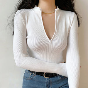 Ribbed Knit Zip Up Top