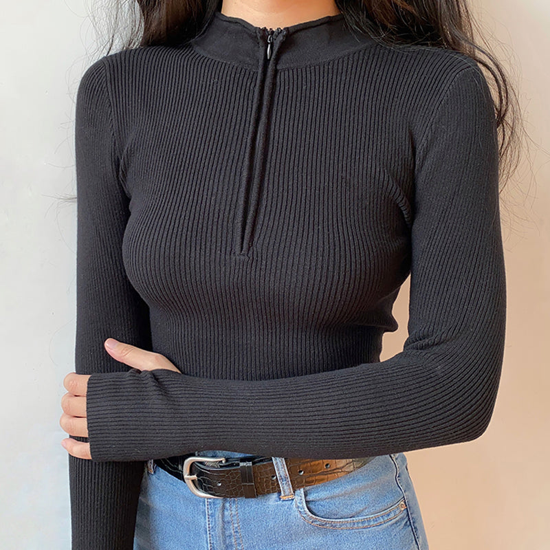 Ribbed Knit Zip Up Top