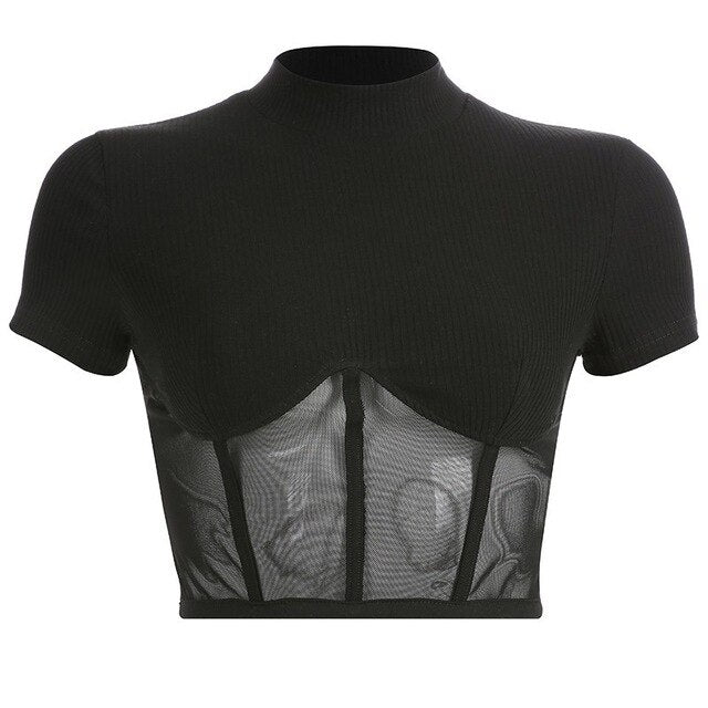 Black Mesh Short Sleeve Top